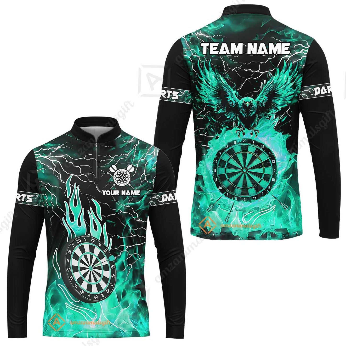 Custom Darts Team Jersey, Dartboard Fire Flame Custom Eagle Darts Jersey Polo Quarter-Zip Shirts, Custom Name And Team Name Darts Uniforms Jersey