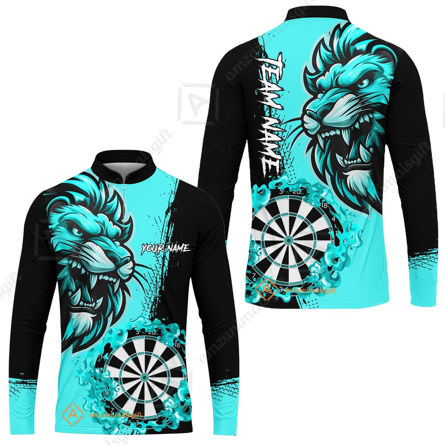 Custom Turquoise Funny Darts Team Unisex Polo Shirts, Darts uniforms Flame Lion Pattern Personalized Name And Team Name