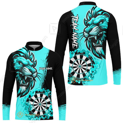 Custom Turquoise Funny Darts Team Unisex Polo Shirts, Darts uniforms Flame Lion Pattern Personalized Name And Team Name