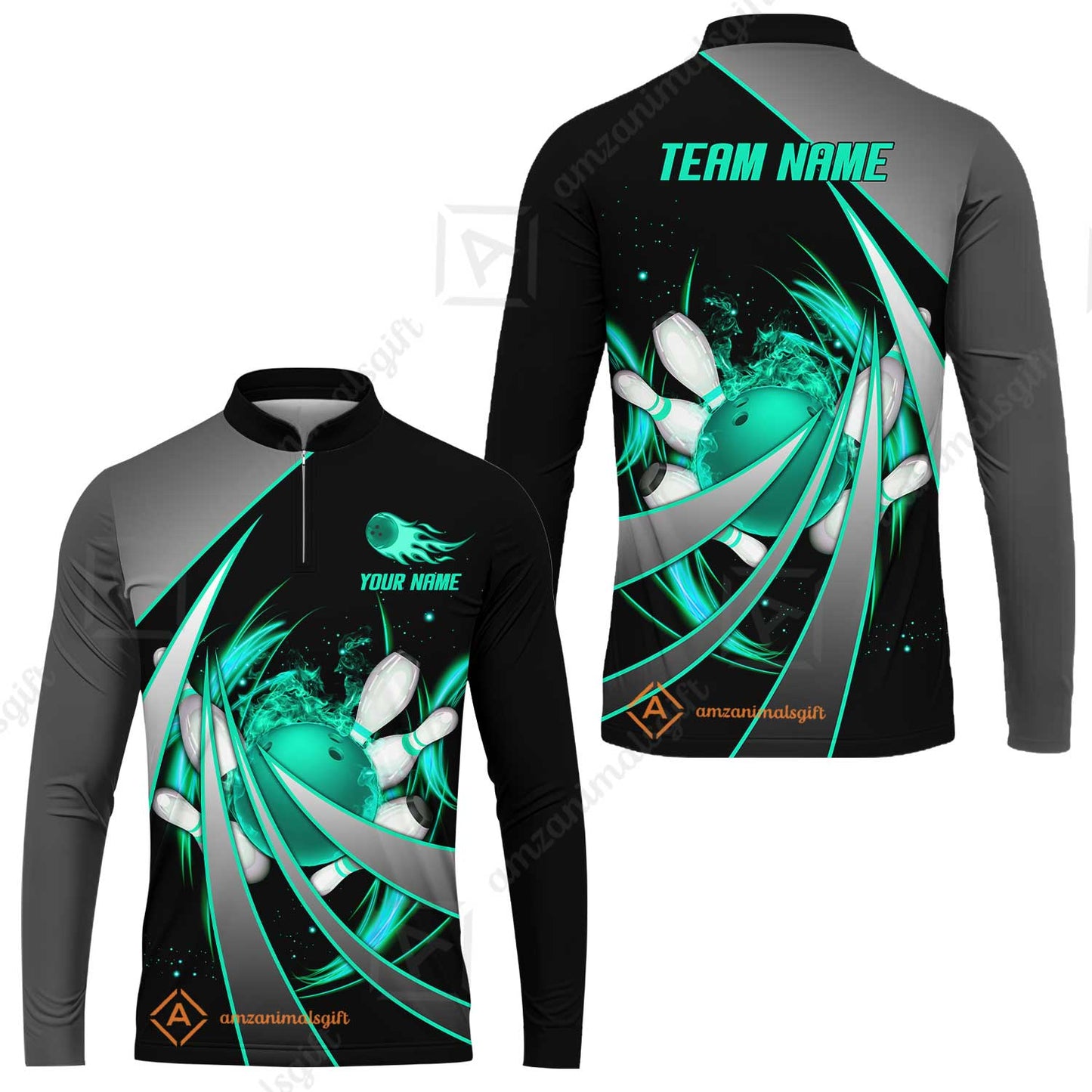 Customized Bowling Unisex Polo, Flame Bowling And Pins Tornado Pattern Multicolor Option Customized Name Zipper Polo Jerseys Shirts