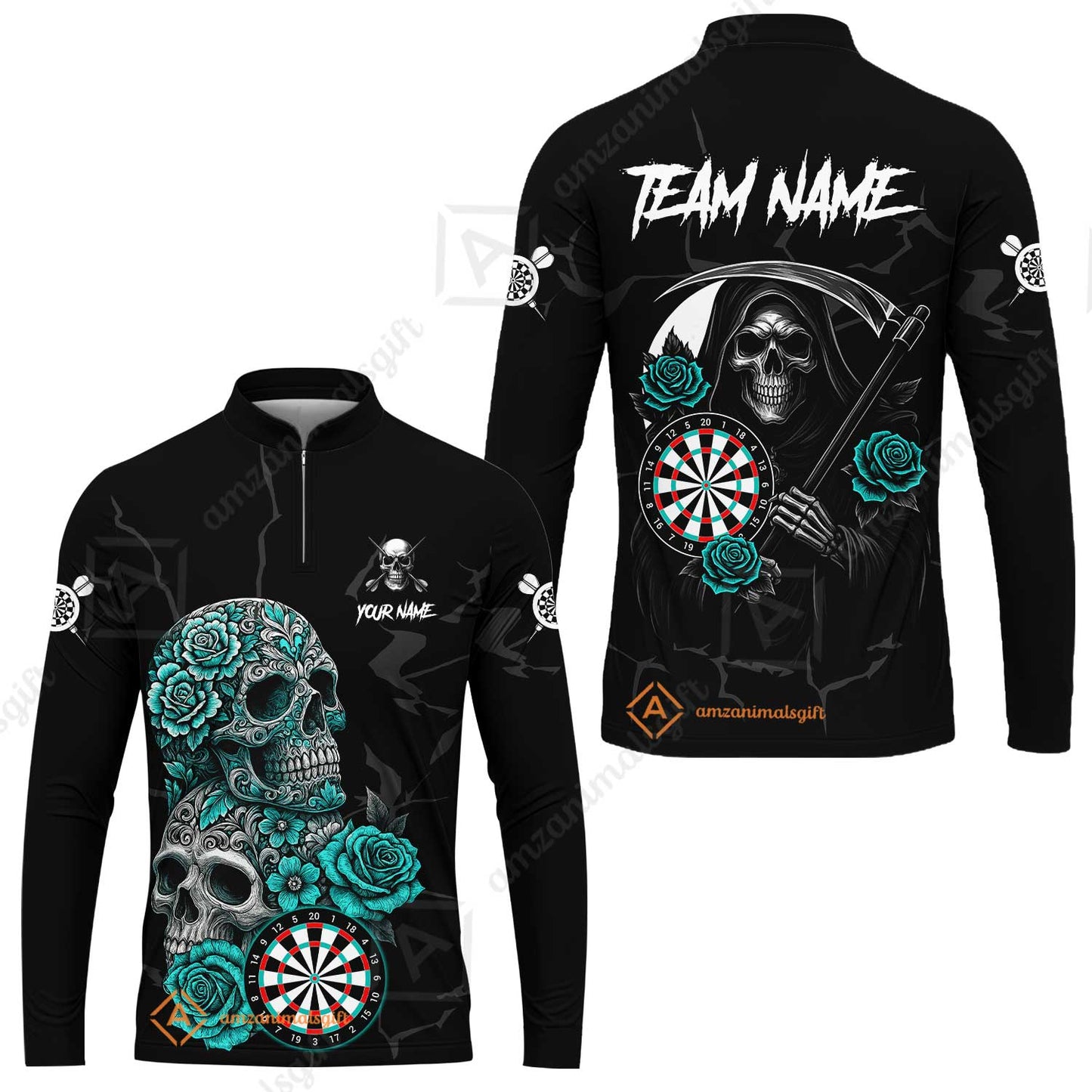 Customized Darts Long Sleeve Jersey, Darts Turquoise Skull Roses Dartboard Zip Polo Style Jersey for Darts Players