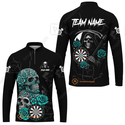 Customized Darts Long Sleeve Jersey, Darts Turquoise Skull Roses Dartboard Zip Polo Style Jersey for Darts Players