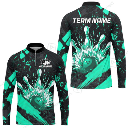 Customized Bowling Unisex Polo Shirt, Bowling And Pins Grunge Flame, Bowling Uniform - Personalized Name And Team Name