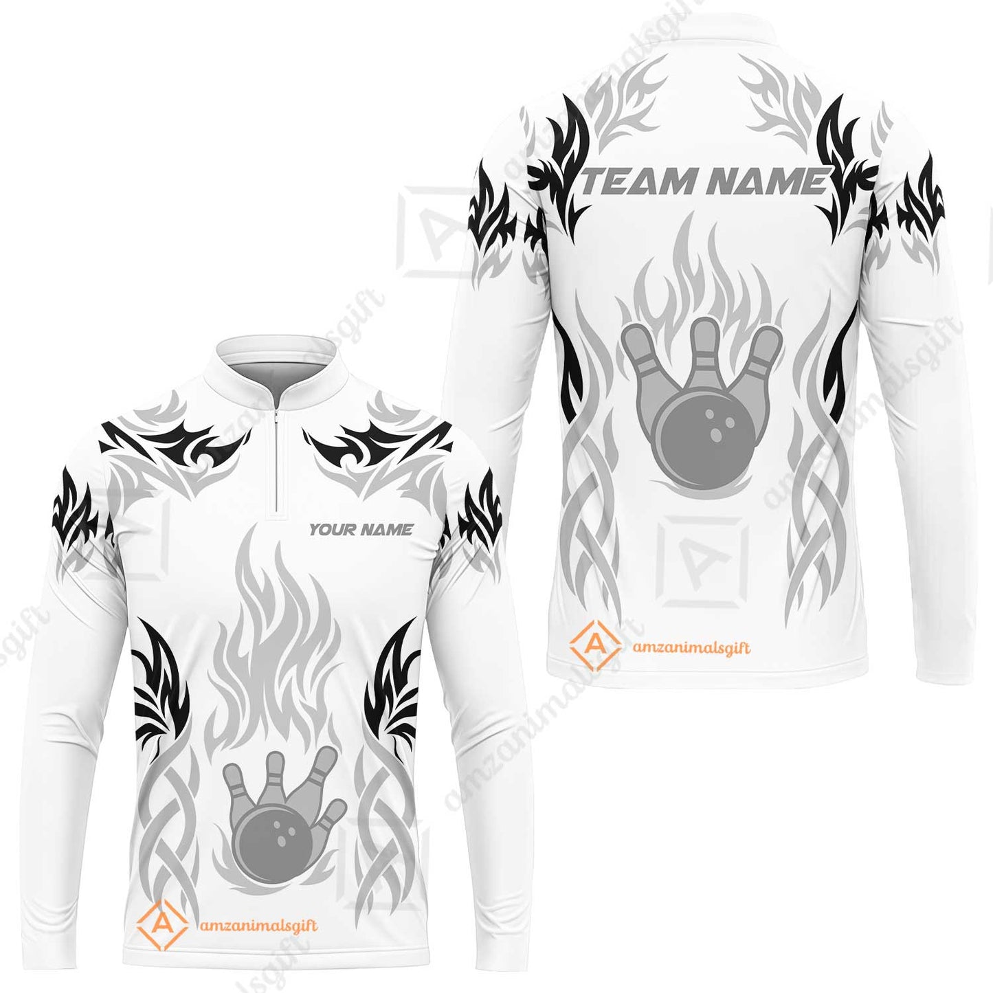 Personalized Bowling Team Long Sleeve Jersey, Tribal And Bowling Flame Multi Option Customized Shirt - White