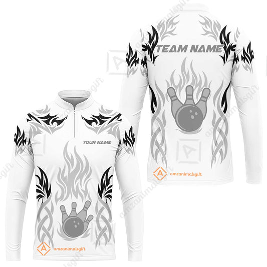 Personalized Bowling Team Long Sleeve Jersey, Tribal And Bowling Flame Multi Option Customized Shirt - White
