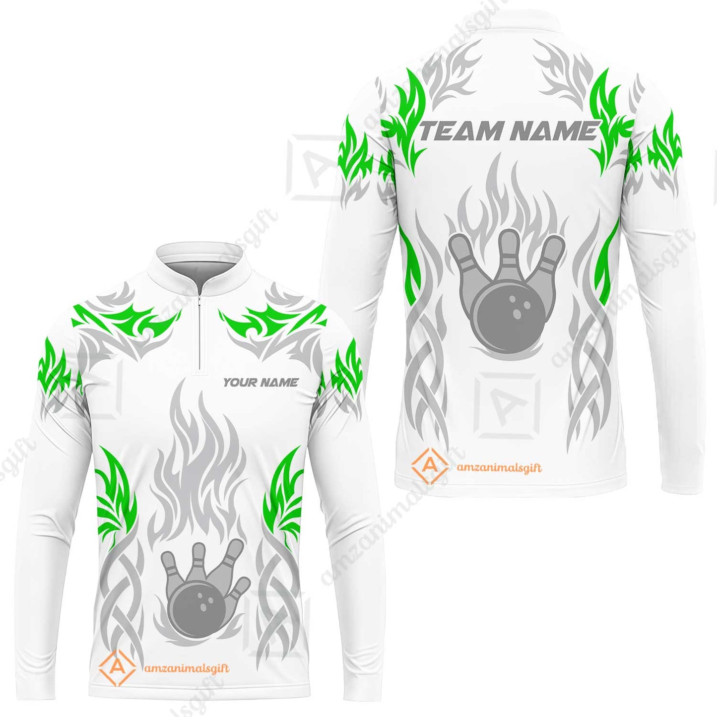 Personalized Bowling Team Long Sleeve Jersey, Tribal And Bowling Flame Multi Option Customized Shirt - White