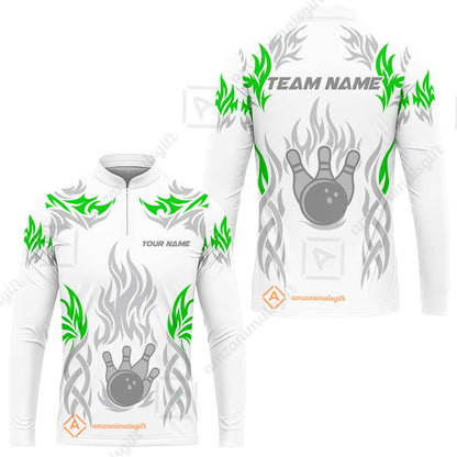 Personalized Bowling Team Long Sleeve Jersey, Tribal And Bowling Flame Multi Option Customized Shirt - White