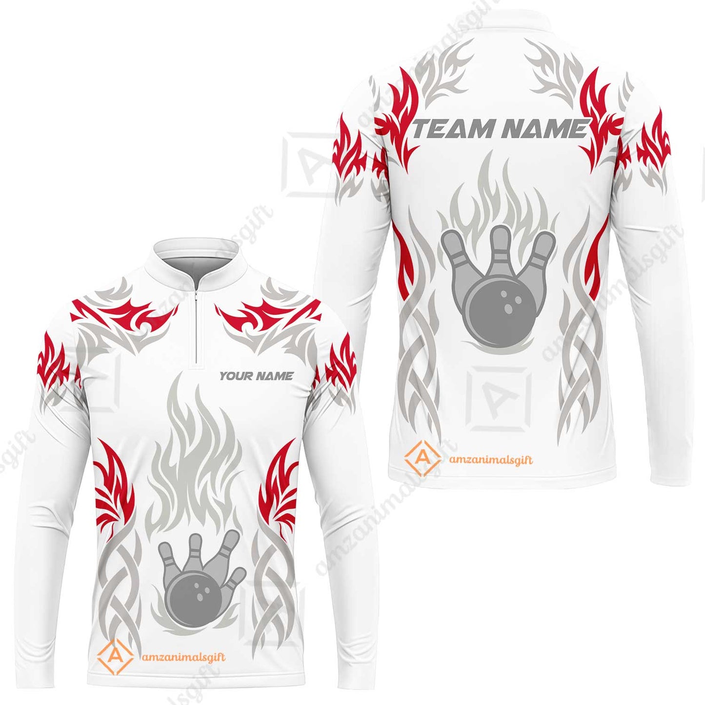 Personalized Bowling Team Long Sleeve Jersey, Tribal And Bowling Flame Multi Option Customized Shirt - White