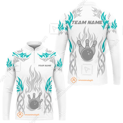 Personalized Bowling Team Long Sleeve Jersey, Tribal And Bowling Flame Multi Option Customized Shirt - White