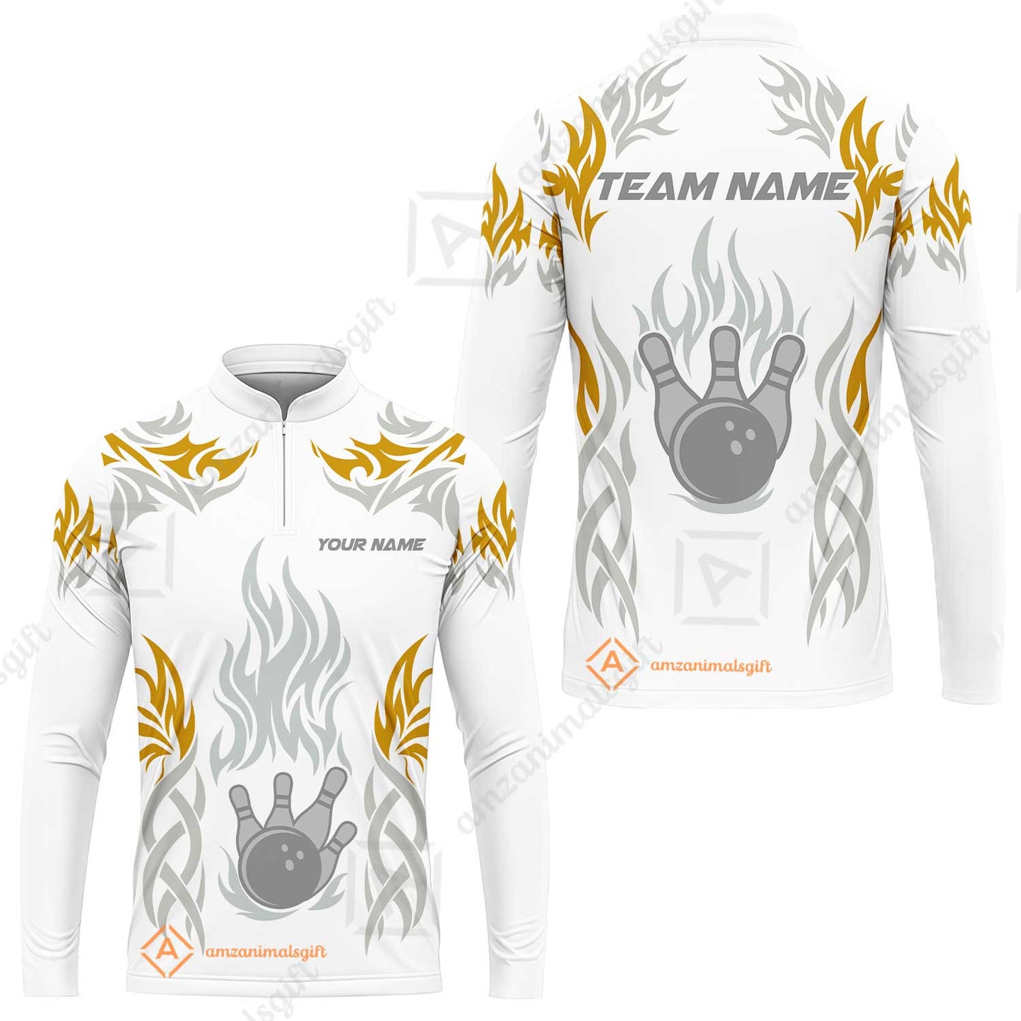 Personalized Bowling Team Long Sleeve Jersey, Tribal And Bowling Flame Multi Option Customized Shirt - White