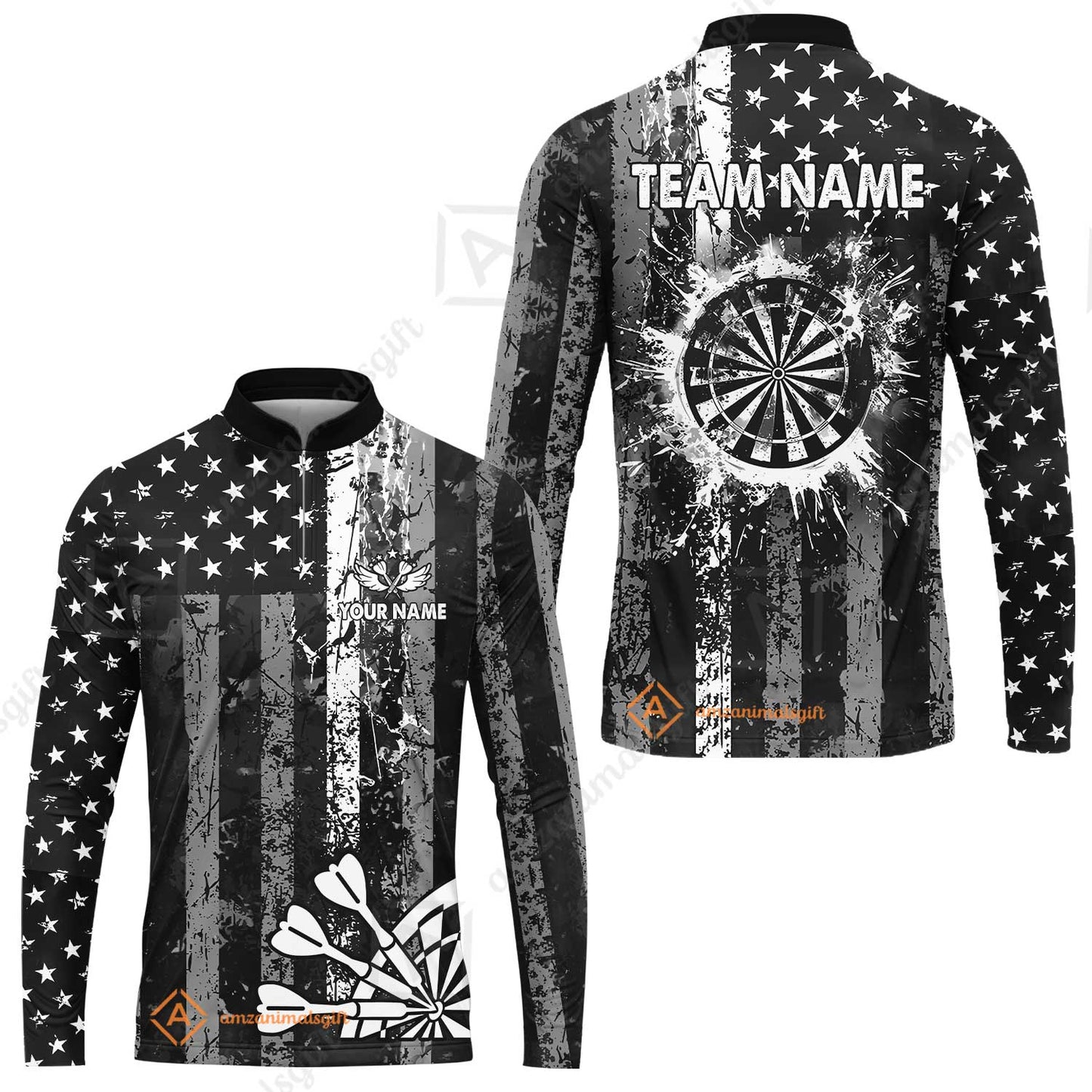 Customized Darts Long Sleeve Jersey, Turquoise Grunge US Flag Patriotic Darts Long Sleeve Jersey Team Style Jersey for Darts Players