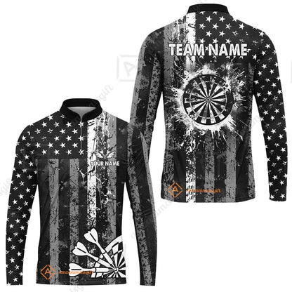 Customized Darts Long Sleeve Jersey, Turquoise Grunge US Flag Patriotic Darts Long Sleeve Jersey Team Style Jersey for Darts Players