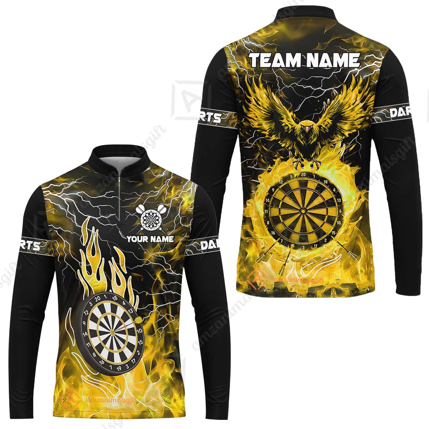 Custom Darts Team Jersey, Dartboard Fire Flame Custom Eagle Darts Jersey Polo Quarter-Zip Shirts, Custom Name And Team Name Darts Uniforms Jersey