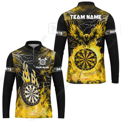 Custom Darts Team Jersey, Dartboard Fire Flame Custom Eagle Darts Jersey Polo Quarter-Zip Shirts, Custom Name And Team Name Darts Uniforms Jersey