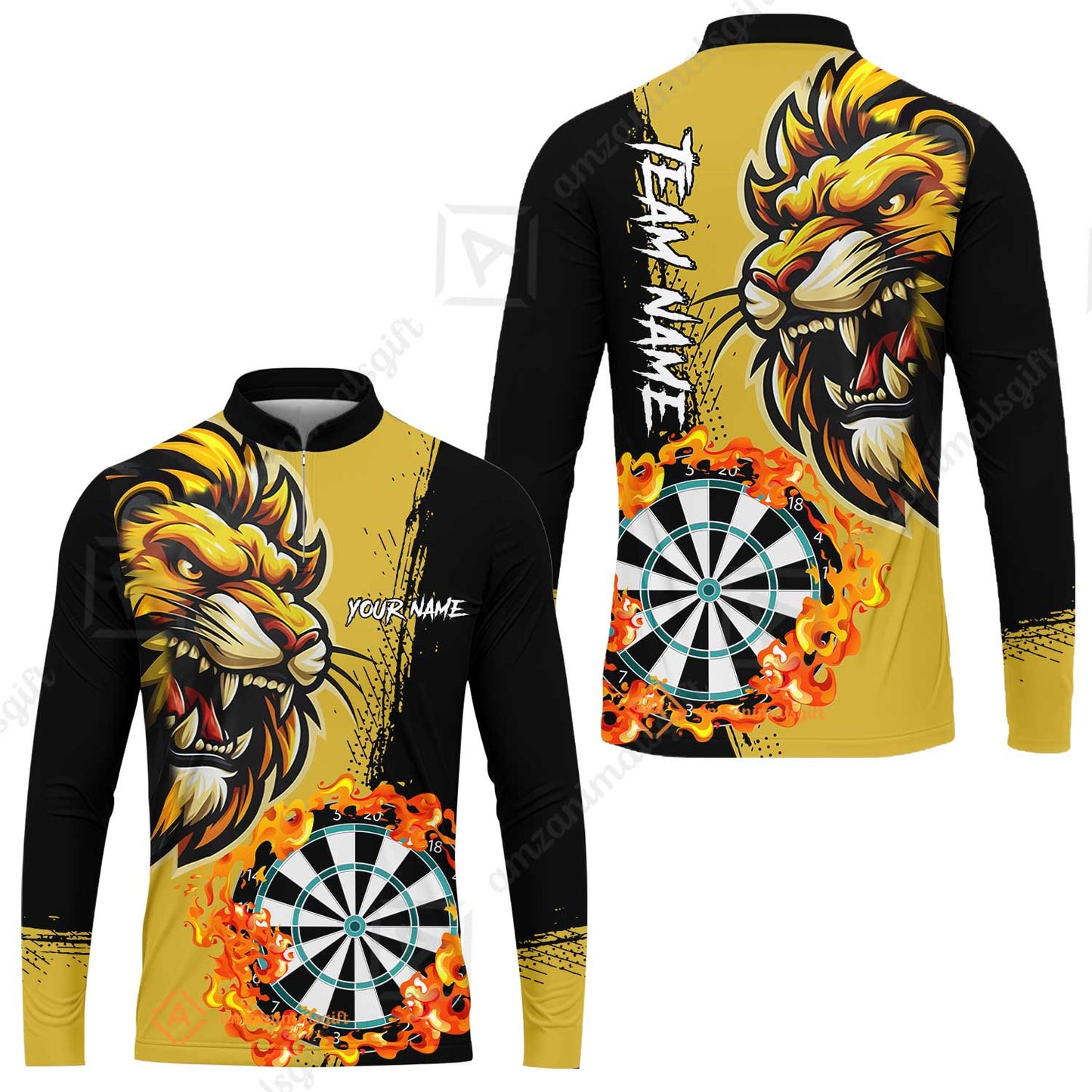 Custom Turquoise Funny Darts Team Unisex Polo Shirts, Darts uniforms Flame Lion Pattern Personalized Name And Team Name