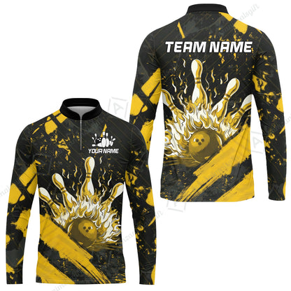 Customized Bowling Unisex Polo Shirt, Bowling And Pins Grunge Flame, Bowling Uniform - Personalized Name And Team Name