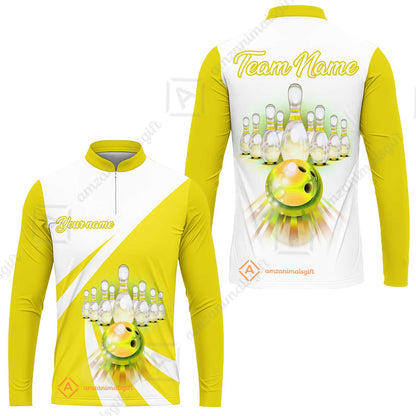 Bowling Customized Jersey White Yellow Shirt Rolling Bowling Tenpin Quarter Zip Shirt, Outfit For Bowlers, Bowling Team
