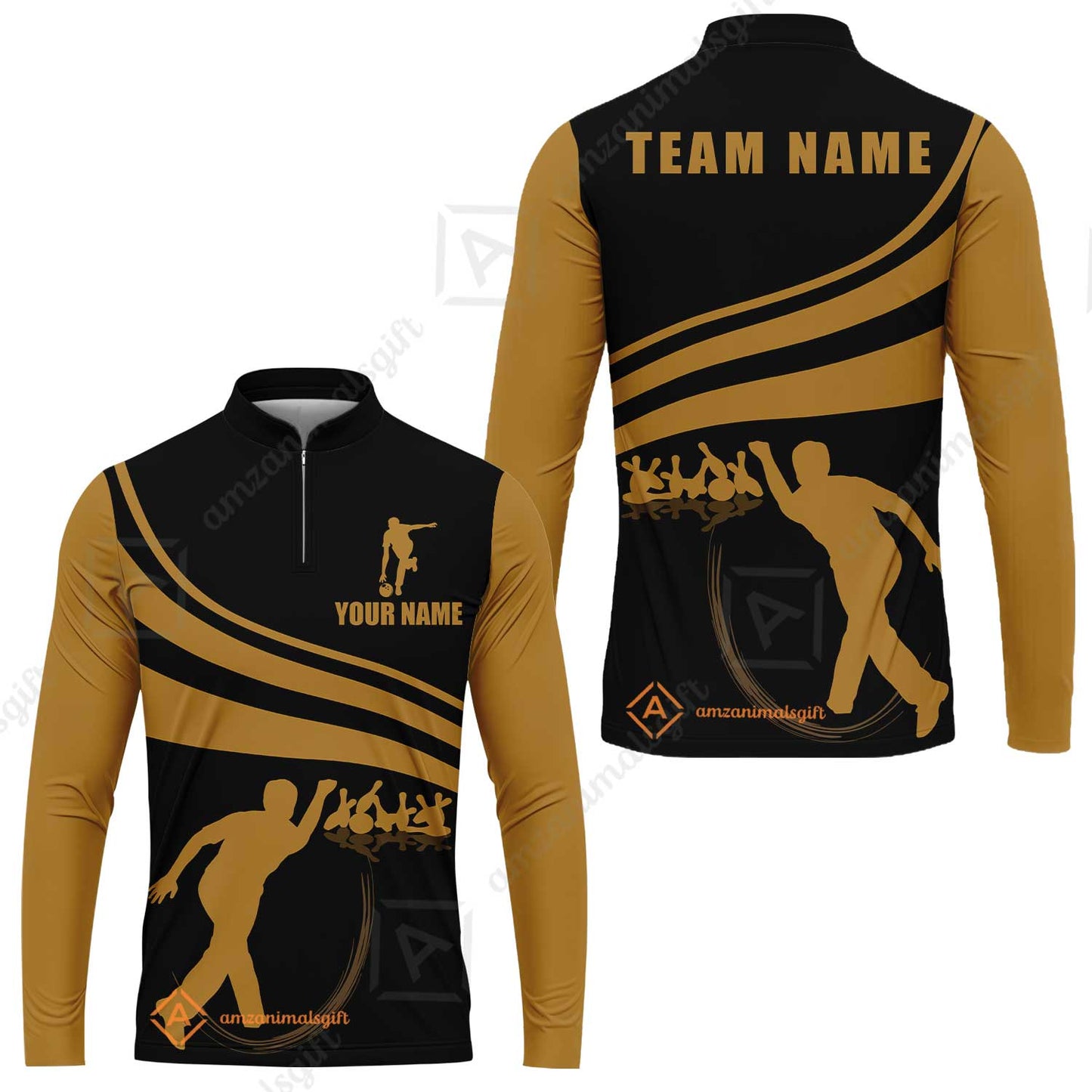 Bowling Custom Long Sleeve Jersey Shirt - Custom Name Black and Gold Men Bowlers Personalized Bowling Long Sleeve Jersey
