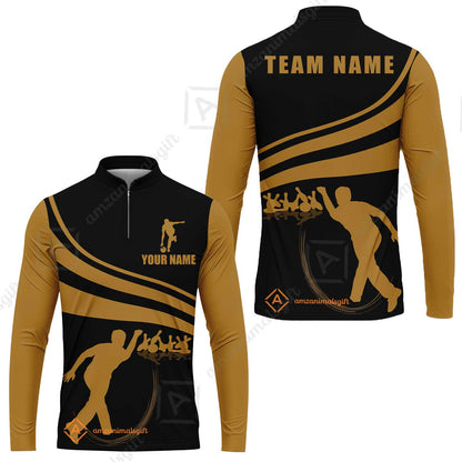 Bowling Custom Long Sleeve Jersey Shirt - Custom Name Black and Gold Men Bowlers Personalized Bowling Long Sleeve Jersey