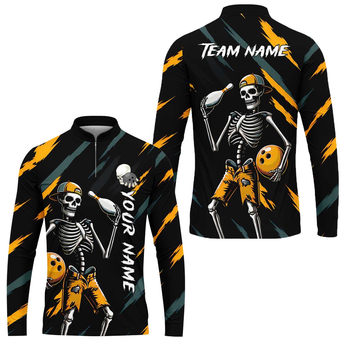 Customized Bowling Shirt, Bad Boy Skeleton Bowler, Personalized Polo Shirt For Players With Name & Team Name
