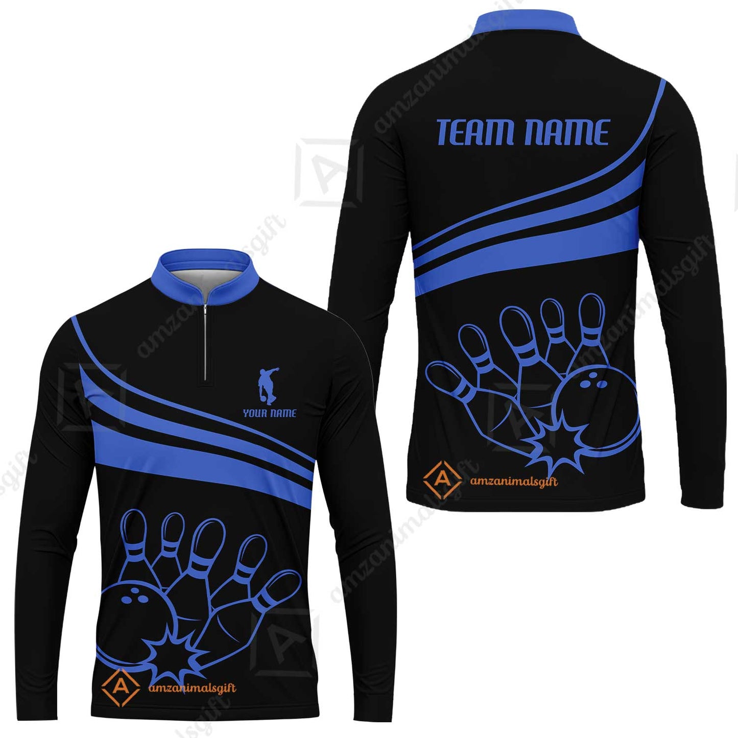 Bowling Customized Jersey Black Shirt Blue Curve Bowling Tenpin Quarter Zip Shirt, Outfit For Bowlers, Bowling Team