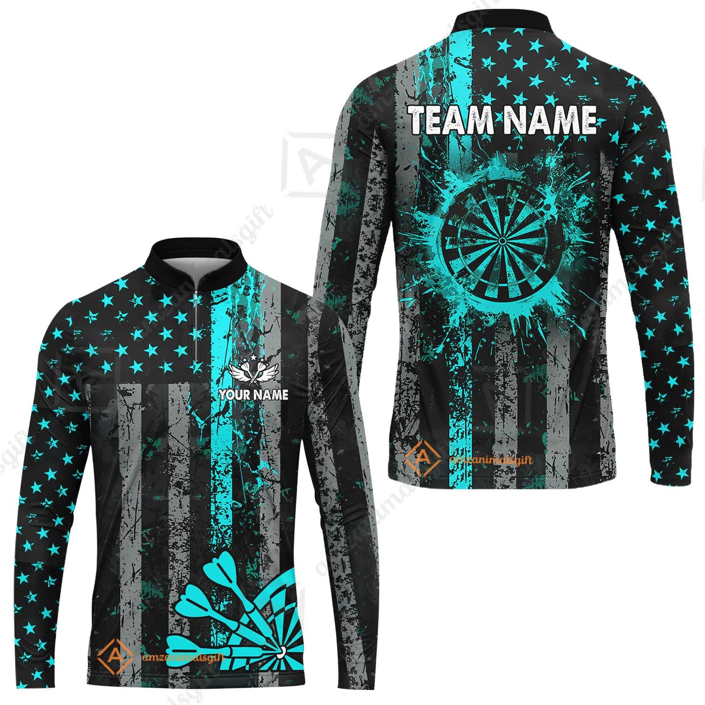 Customized Darts Long Sleeve Jersey, Turquoise Grunge US Flag Patriotic Darts Long Sleeve Jersey Team Style Jersey for Darts Players