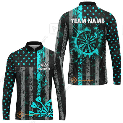 Customized Darts Long Sleeve Jersey, Turquoise Grunge US Flag Patriotic Darts Long Sleeve Jersey Team Style Jersey for Darts Players
