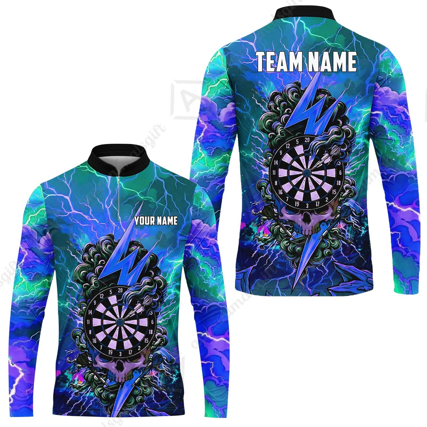 Custom Darts Team Jersey, Personalized Lightning Skull Dart Polo Shirt For Players With Name & Team Name