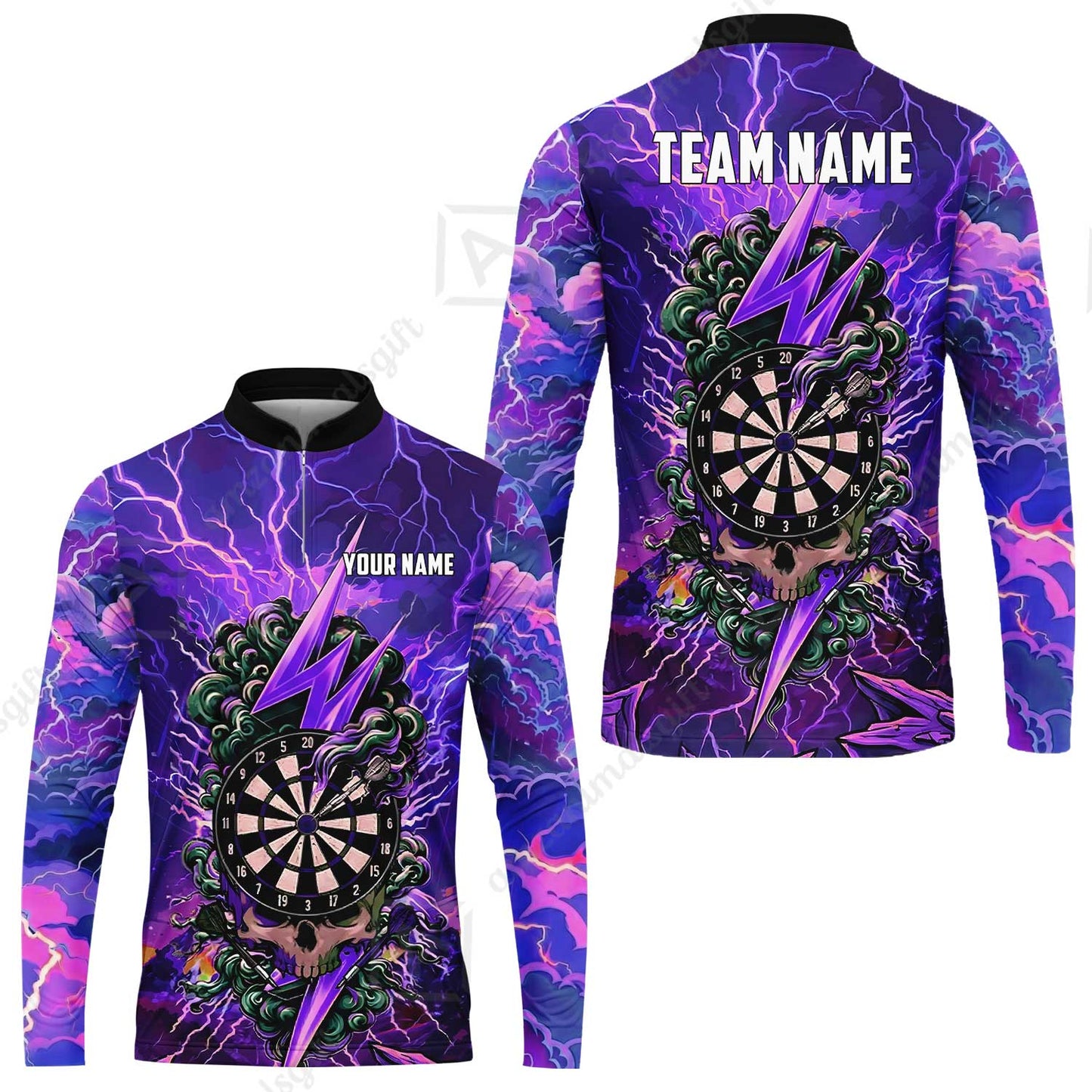 Custom Darts Team Jersey, Personalized Lightning Skull Dart Polo Shirt For Players With Name & Team Name