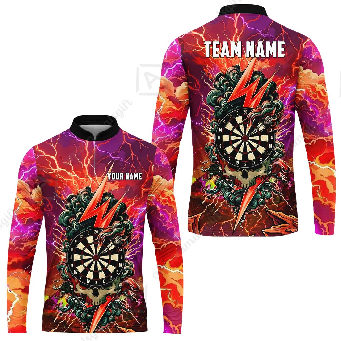 Custom Darts Team Jersey, Personalized Lightning Skull Dart Polo Shirt For Players With Name & Team Name
