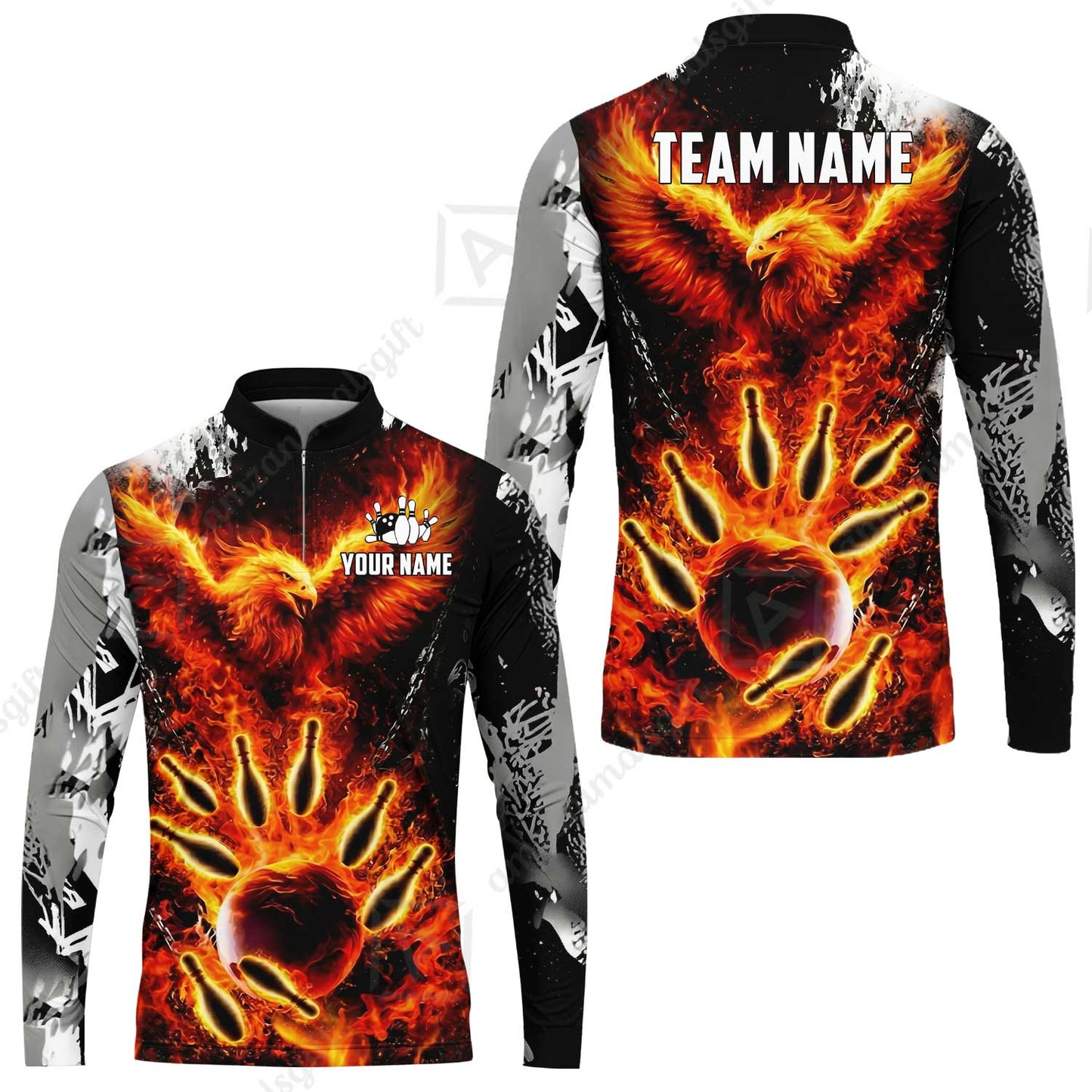 Custom Bowling Jersey Polo Shirt, Flaming Phoenix Bowling, Custom Bowling Jersey Team Shirt For Players With Name & Team Name