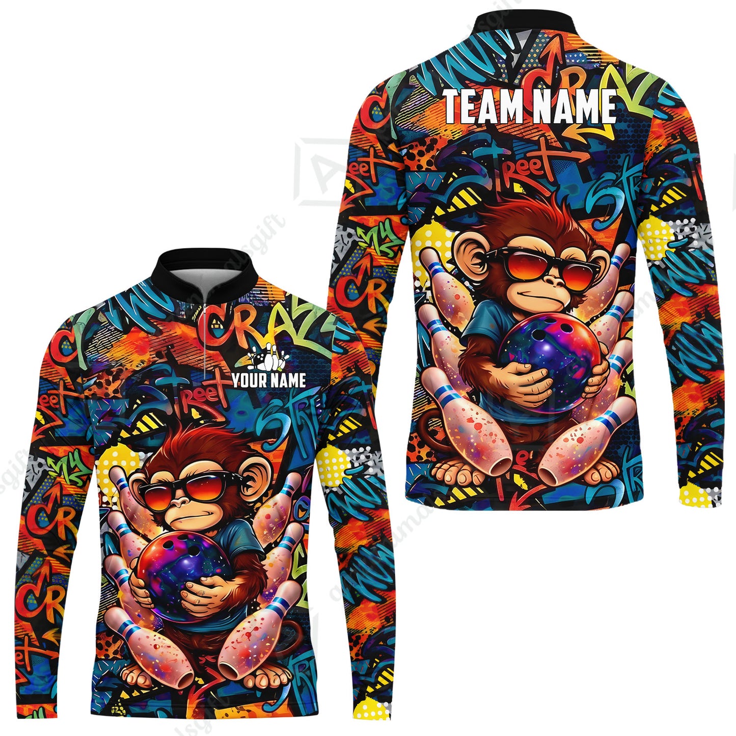Custom Bowling Jersey Polo Shirt, Street Graffiti Funny Monkey Mascot, Custom Bowling Jersey Team Shirt For Players With Name & Team Name