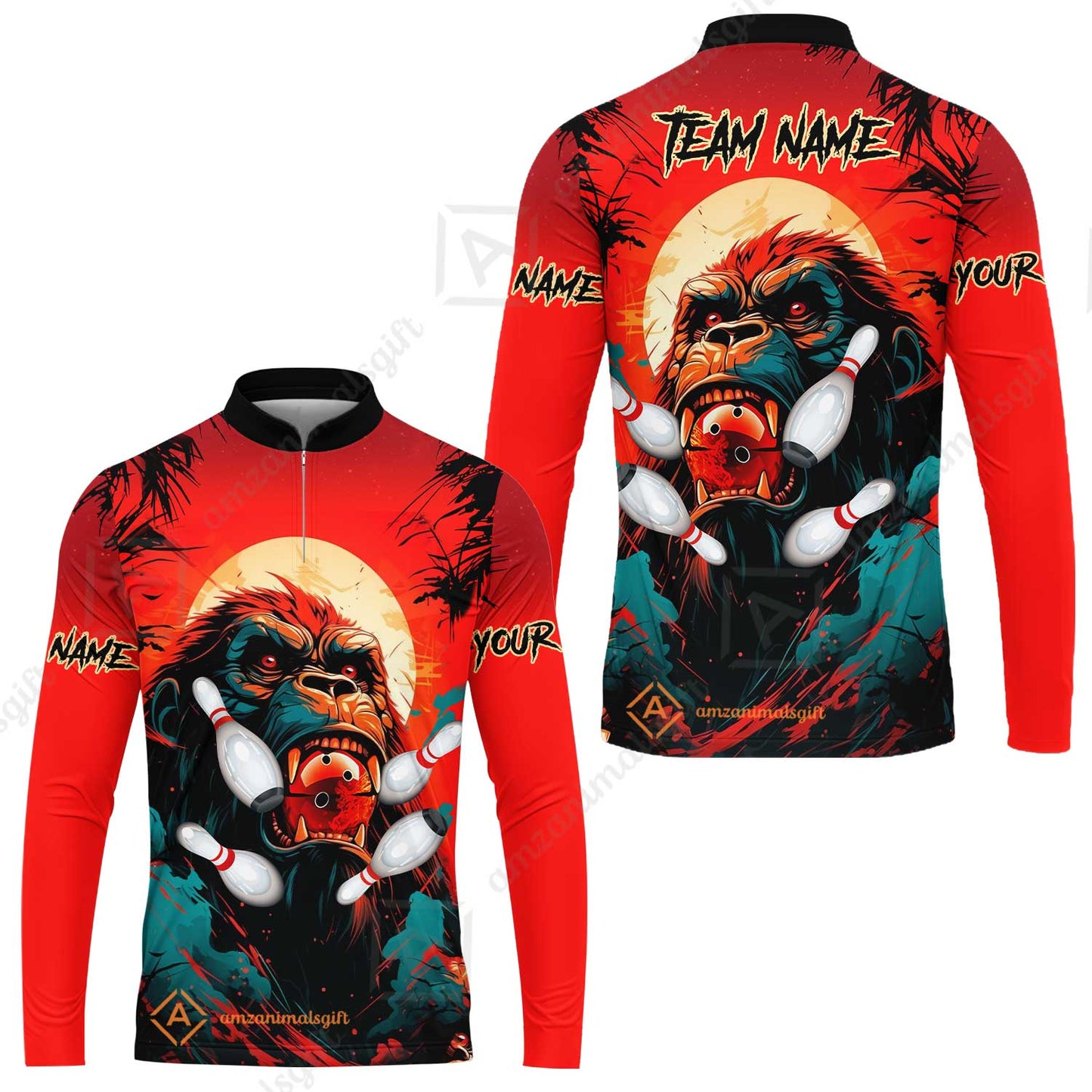 Custom Bowling Team Jerseys Polo Shirts, Bowling uniforms Godzilla KingKong Pattern Personalized Name And Team Name