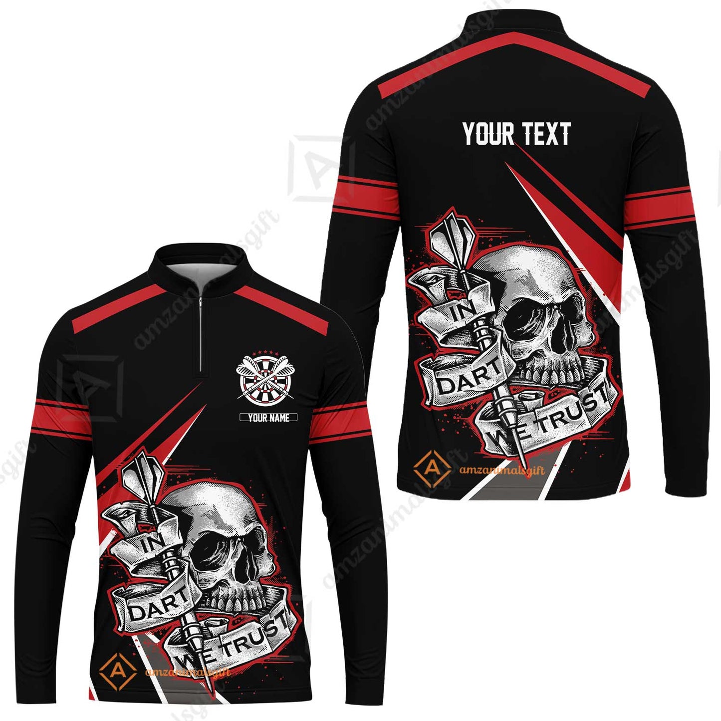 Customized Name & Text Darts Men Polo Shirt, Skull In Darts We Trust Personalized Darts Zip Polo Shirt