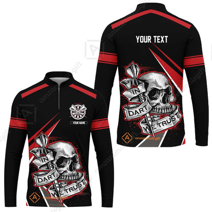 Customized Name & Text Darts Men Polo Shirt, Skull In Darts We Trust Personalized Darts Zip Polo Shirt