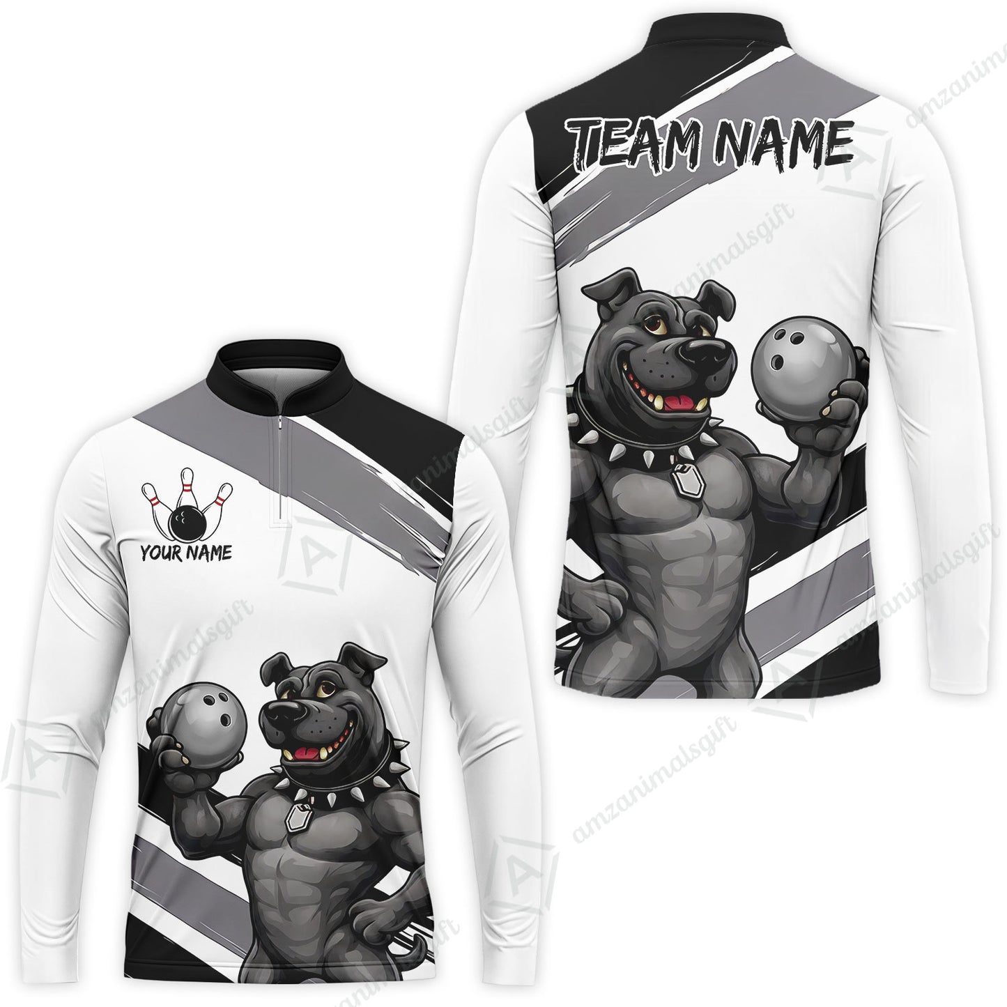 Custom Bowling Jersey Polo Shirt, Pitbull Hold Bowling Ball, Custom Bowling Jersey Team Shirt For Players With Name & Team Name