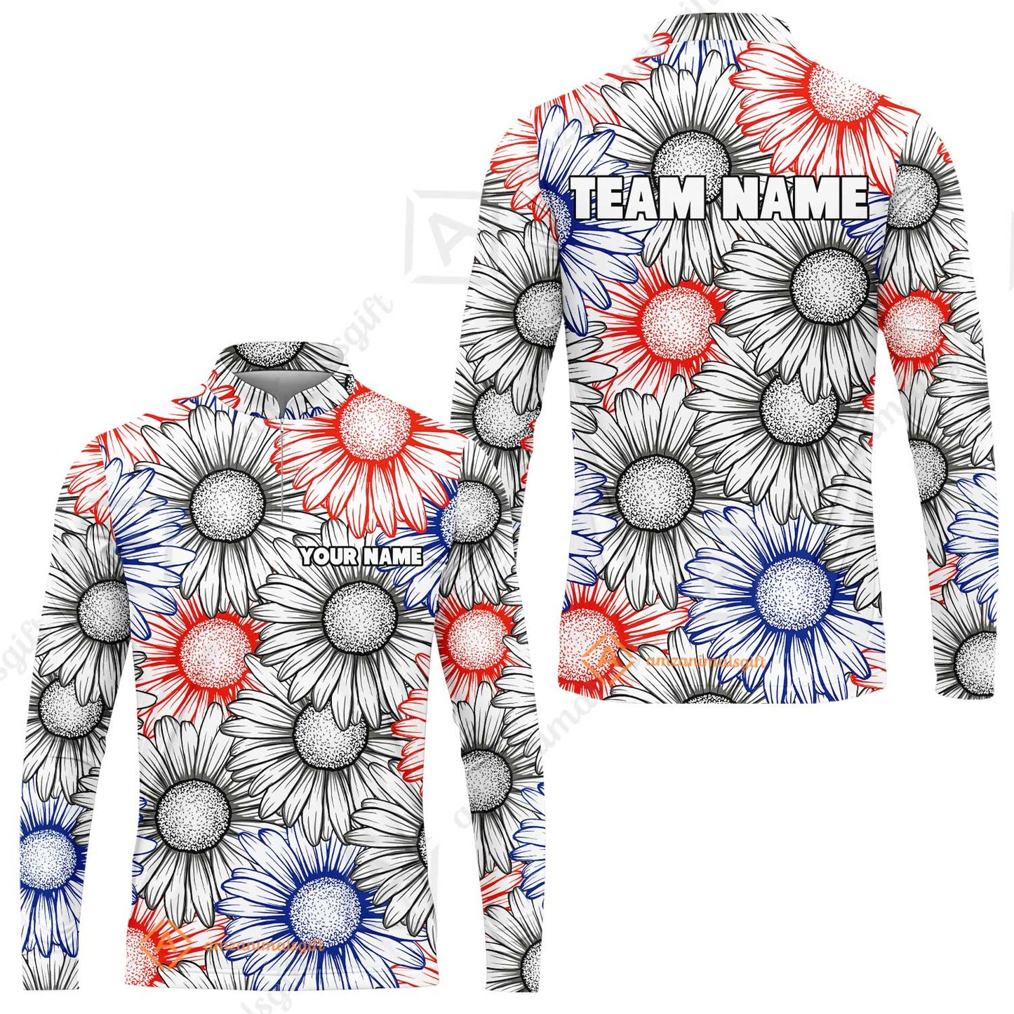 Custom Sunflower Bowling Team Jersey, Sunflower Bowling Polo Quarter-Zip Shirts, Bowling Uniforms Jerseys, Custom Name And Team Name