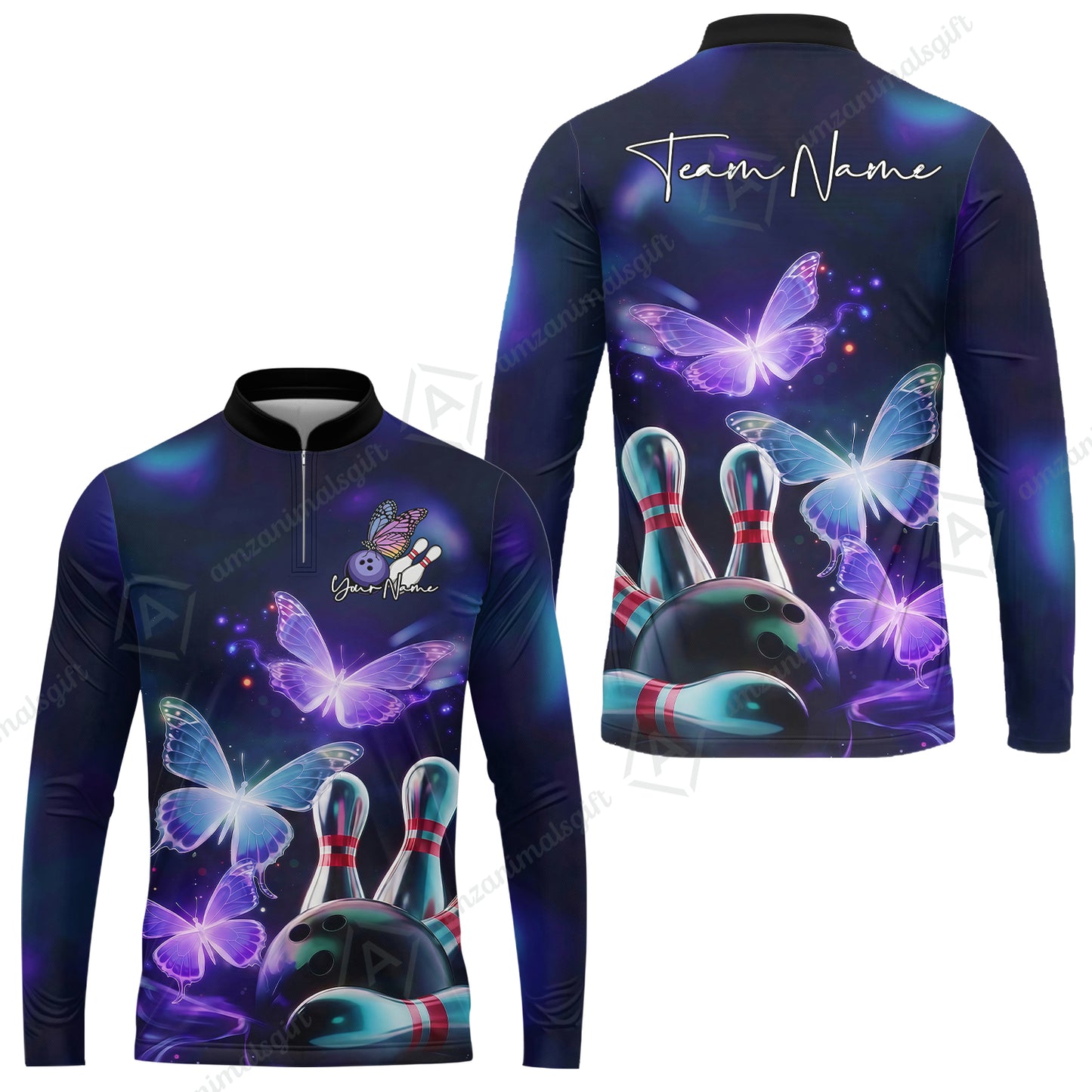 Custom Bowling Jersey Polo Shirt, Neon Butterfly Bowling, Custom Bowling Jersey Team Shirt For Players With Name & Team Name