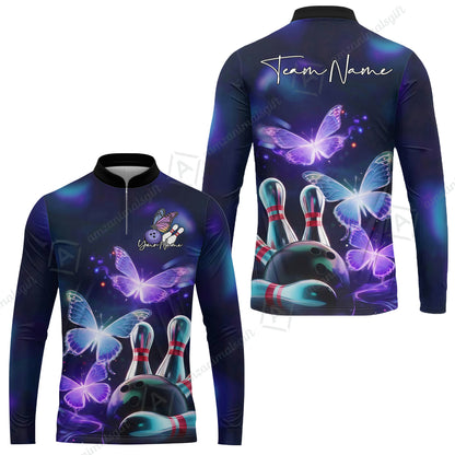 Custom Bowling Jersey Polo Shirt, Neon Butterfly Bowling, Custom Bowling Jersey Team Shirt For Players With Name & Team Name