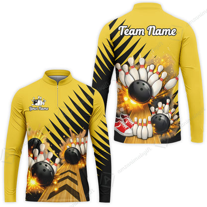 Custom Bowling Quarter Zip Polo Shirt, Yellow Bowling, Custom Bowling Quarter Zip Team Shirt For Players With Name & Team Name