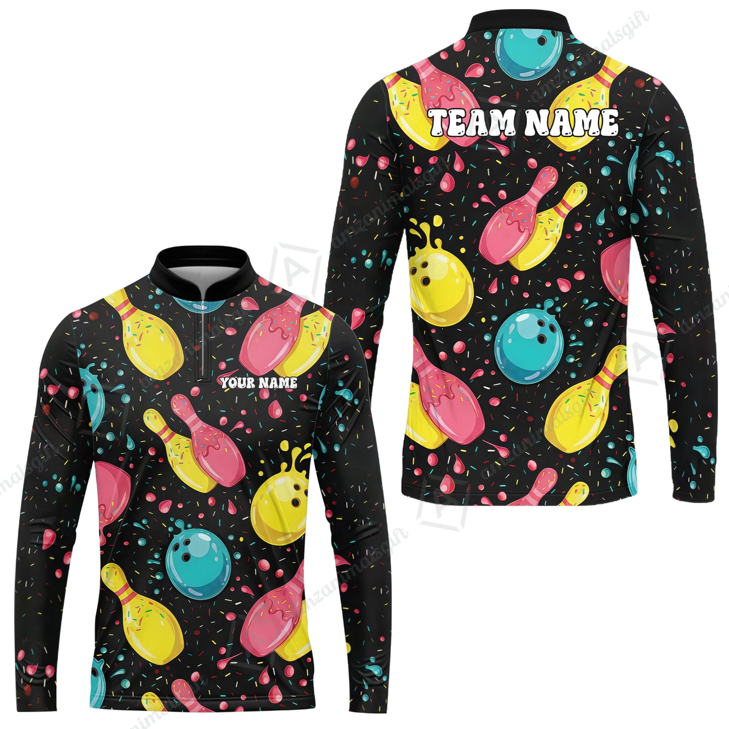 Customized Bowling Unisex Polo Shirt, Funny Colorful Donuts Bowling Pins and Ball, Personalized Name And Team Name