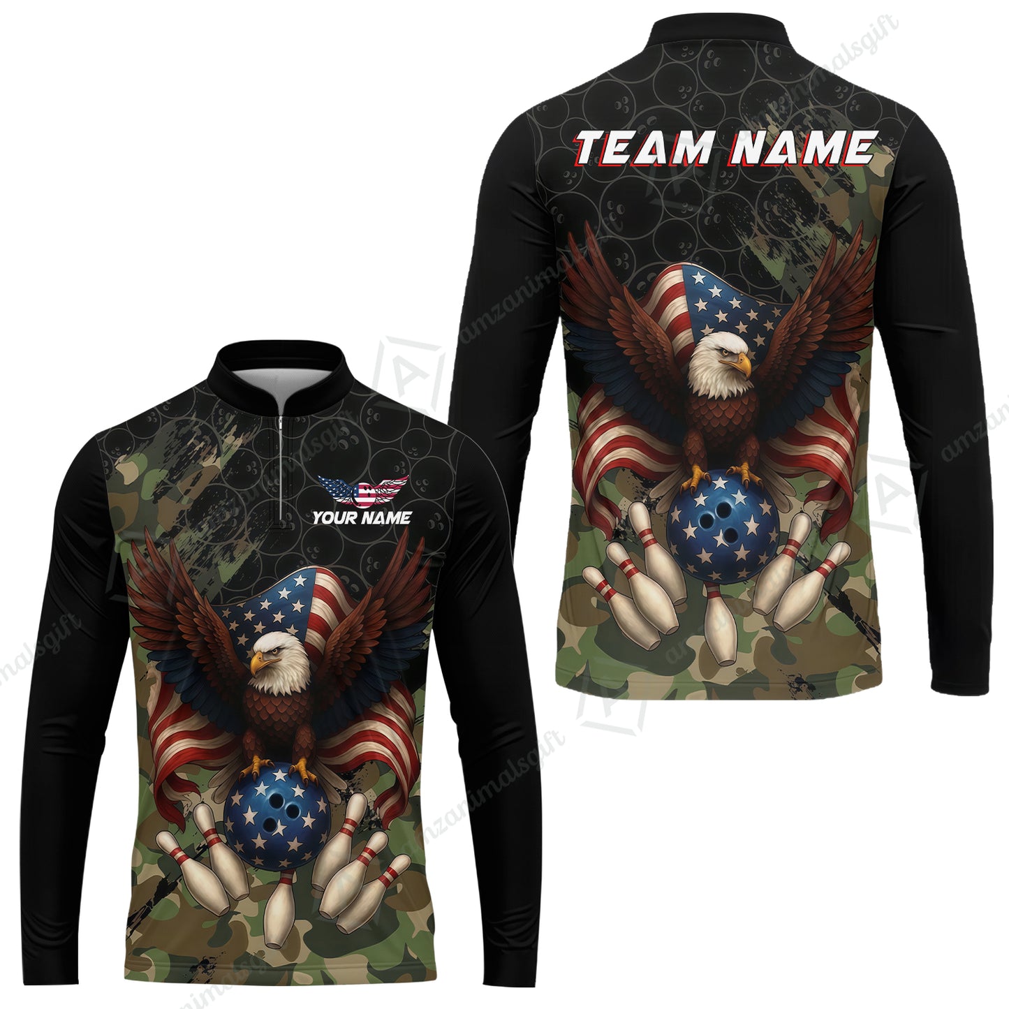 Custom Bowling Jersey Polo Shirt, Forest Camo Patriotic Bowling, Custom Bowling Jersey Team Shirt For Players With Name & Team Name