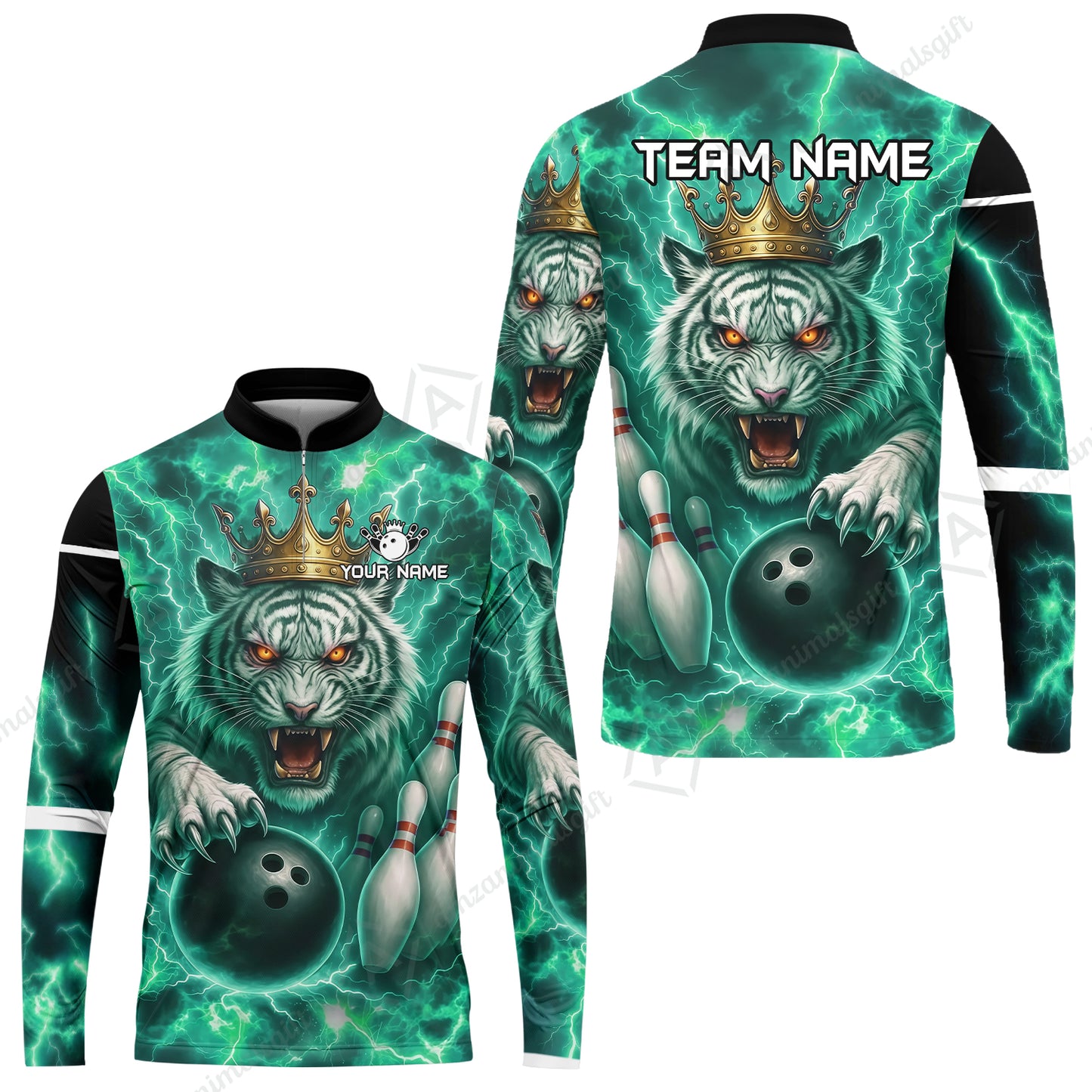 Custom Bowling Team Quarter-Zip Polo Shirt, Bowling White Tiger Lighting Shirt, Personalized Team Shirt with Custom Name