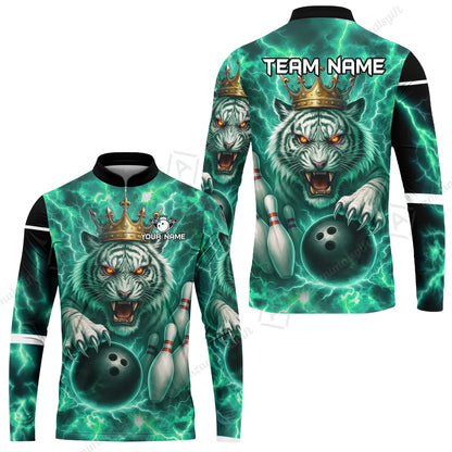 Custom Bowling Team Quarter-Zip Polo Shirt, Bowling White Tiger Lighting Shirt, Personalized Team Shirt with Custom Name