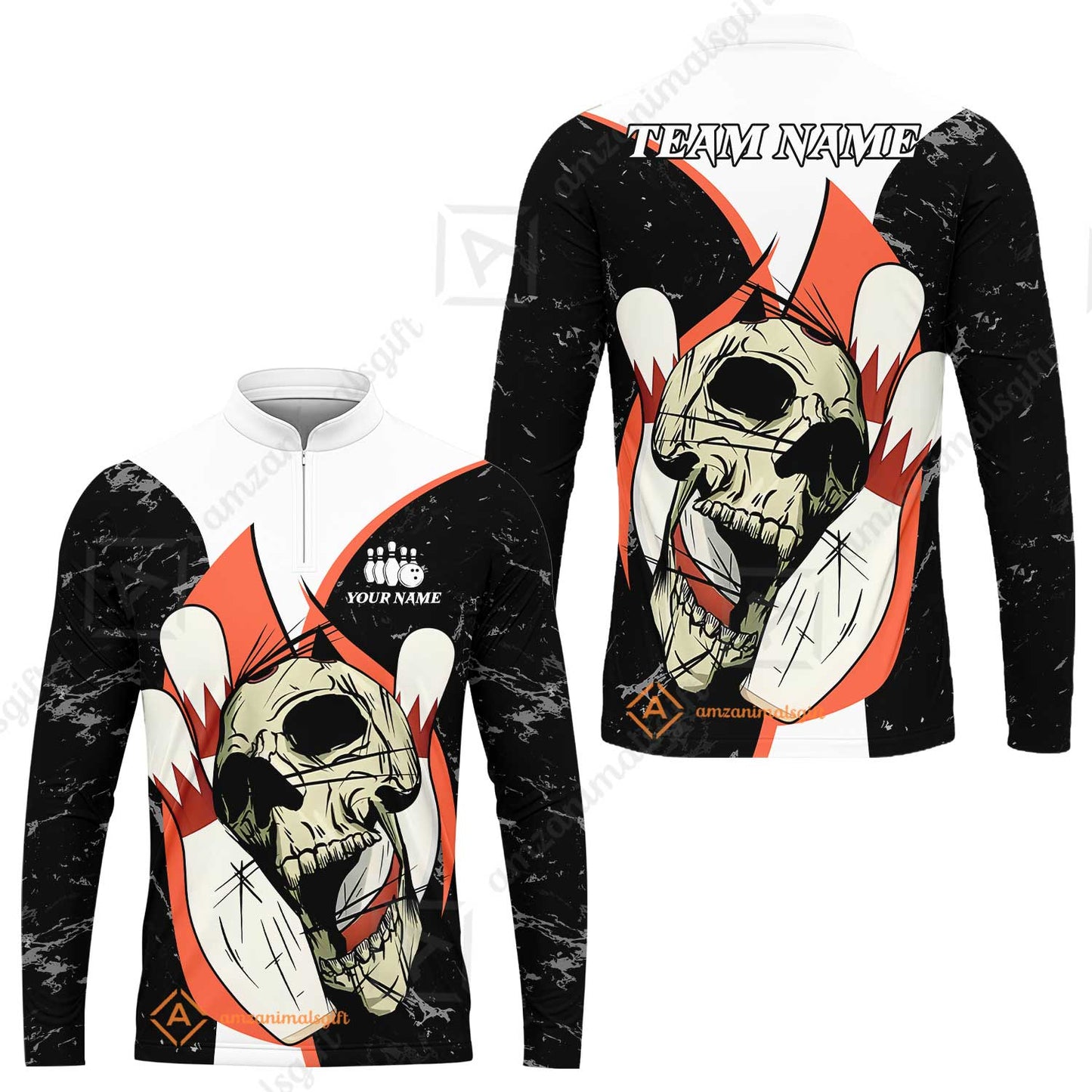 Customized Bowling Team Polo Jersey, Skull Rolling Bowling Illustration Halloween Style Uniform Shirt For Bowlers