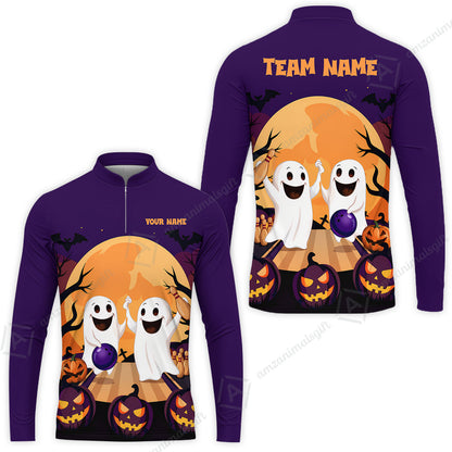 Custom Bowling Jersey Polo Shirt, Bowling Ghost Pumpkin Halloween, Personalized Name And Team Name
