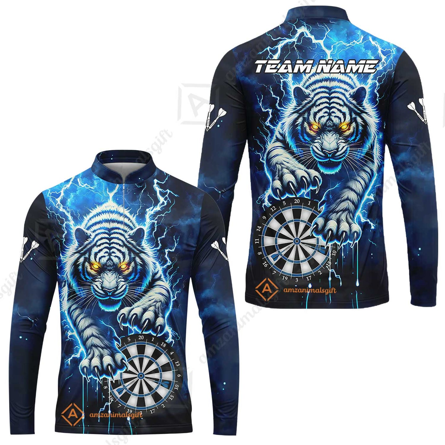 Custom Darts Team Jersey, Thunder Lightning Tiger Darts Jersey Polo Quarter-Zip Shirts, Custom Name And Team Name Darts Uniforms Jersey