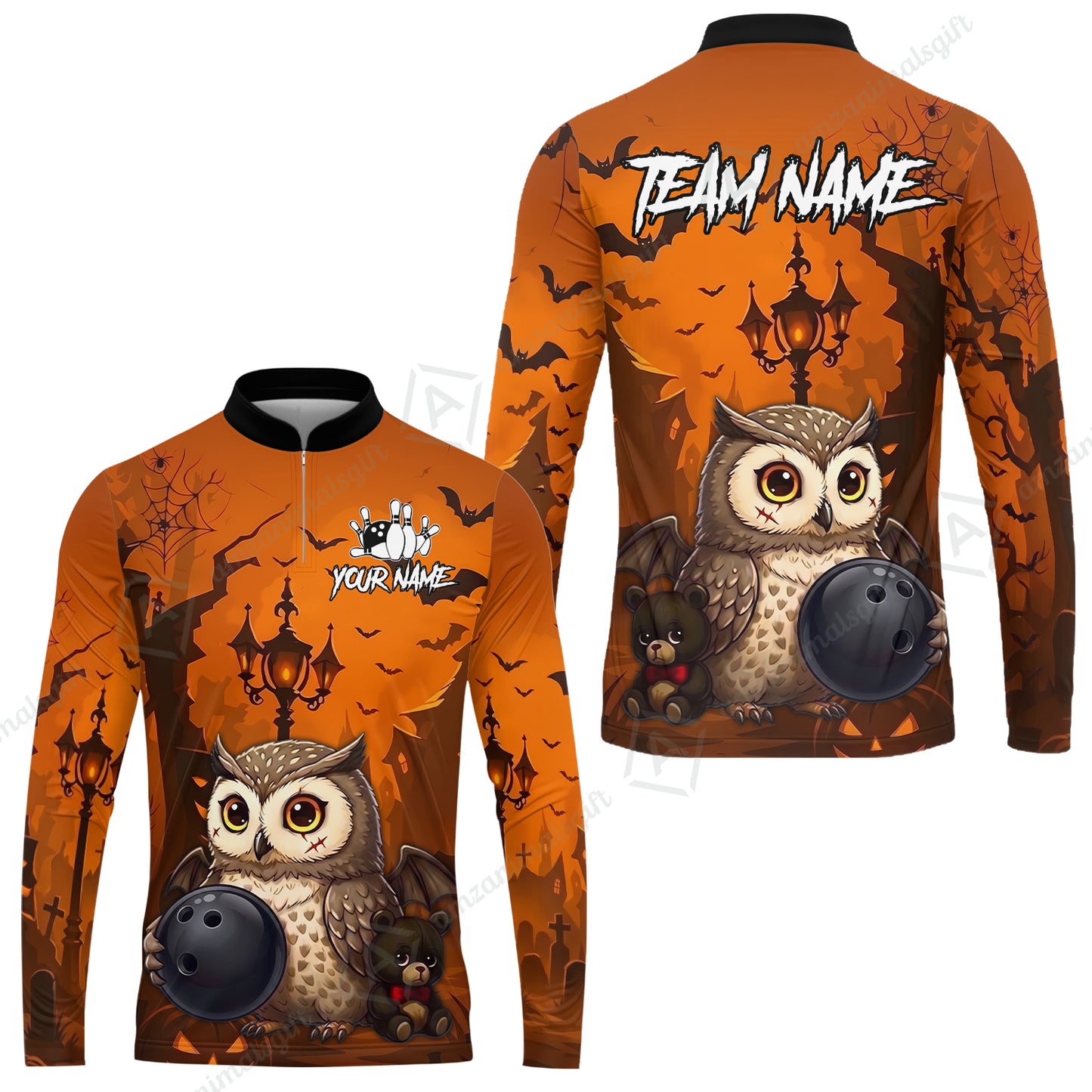 Custom Bowling Jersey Polo Shirt, Owl In Halloween, Personalized Name And Team Name