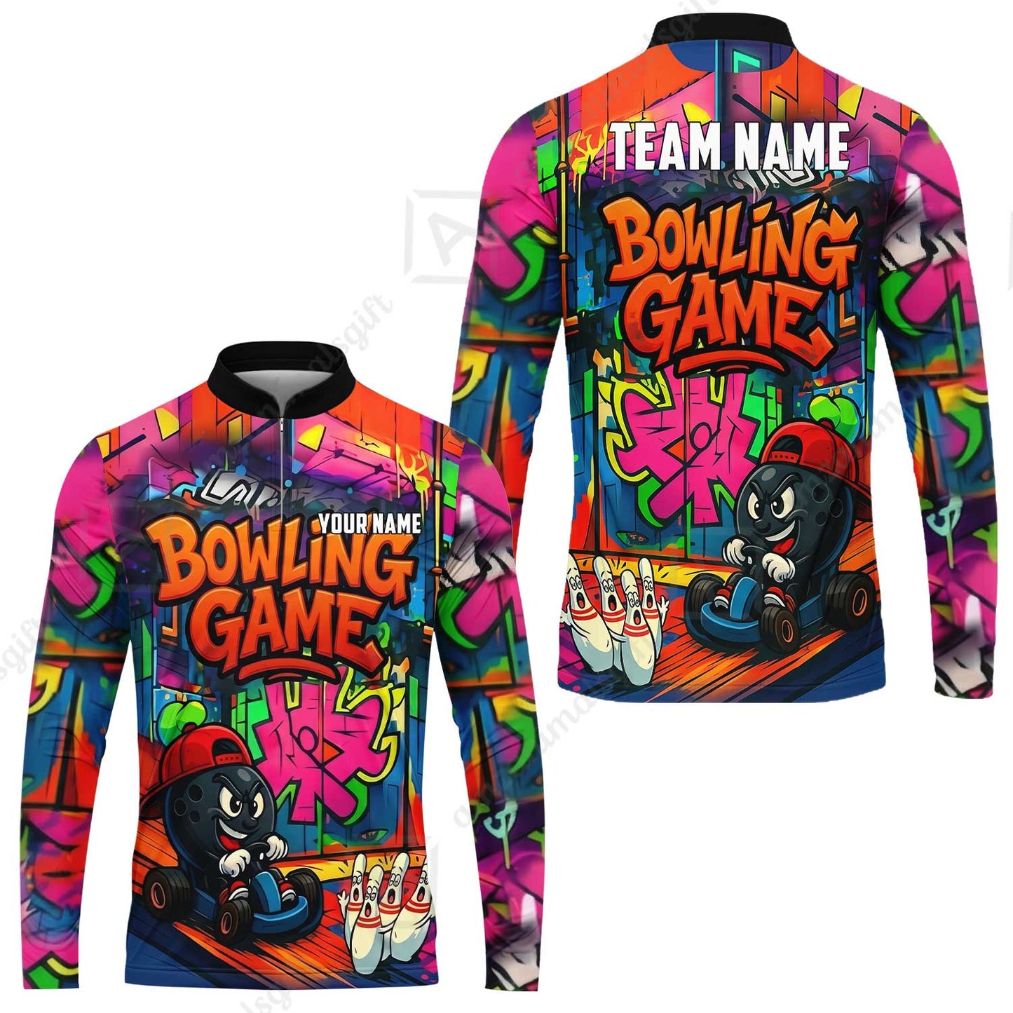 Custom Bowling Jersey Polo Shirt, Street Graffiti Go Kart Ball, Custom Bowling Jersey Team Shirt For Players With Name and Team Name