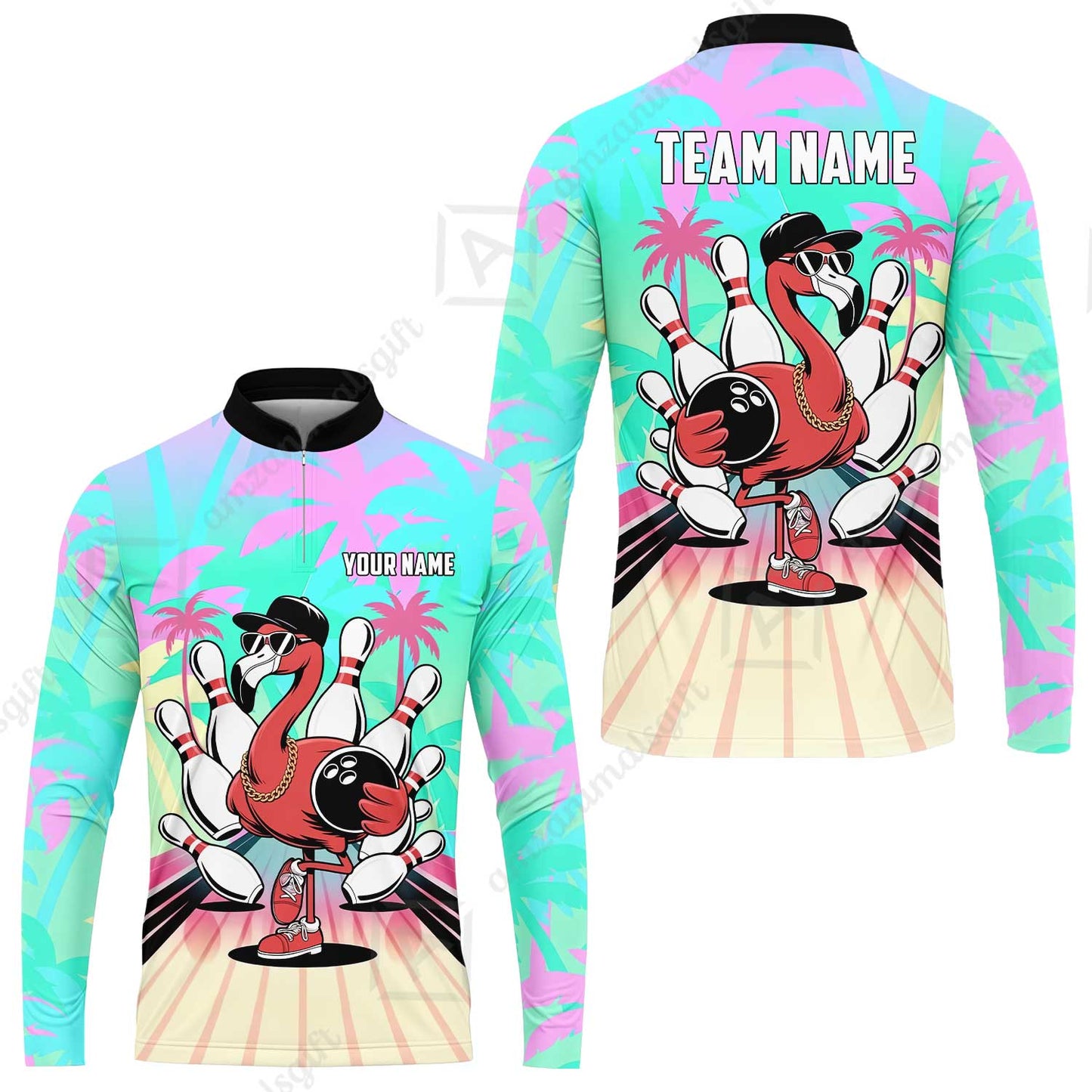 Custom Bowling Jersey Polo Shirt, Sunset Lanes Flamingo, Custom Bowling Jersey Team Shirt For Players With Name and Team Name